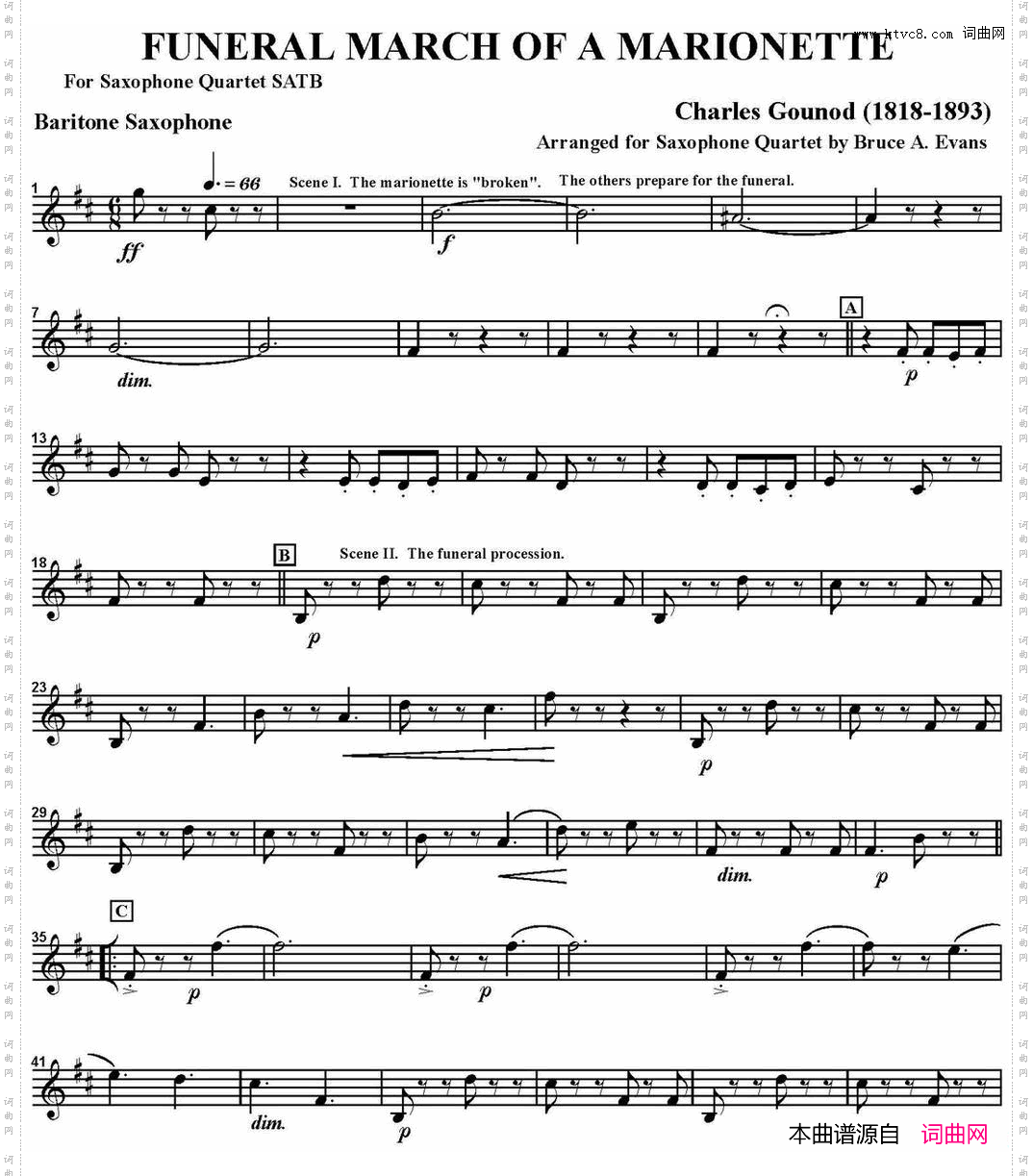 FUNERALMARCHOFAMARIONETTE四重奏·上低音萨克斯分谱_FUNERAL MARCH OF A MARIONETTE四重奏·上低音萨克斯分谱