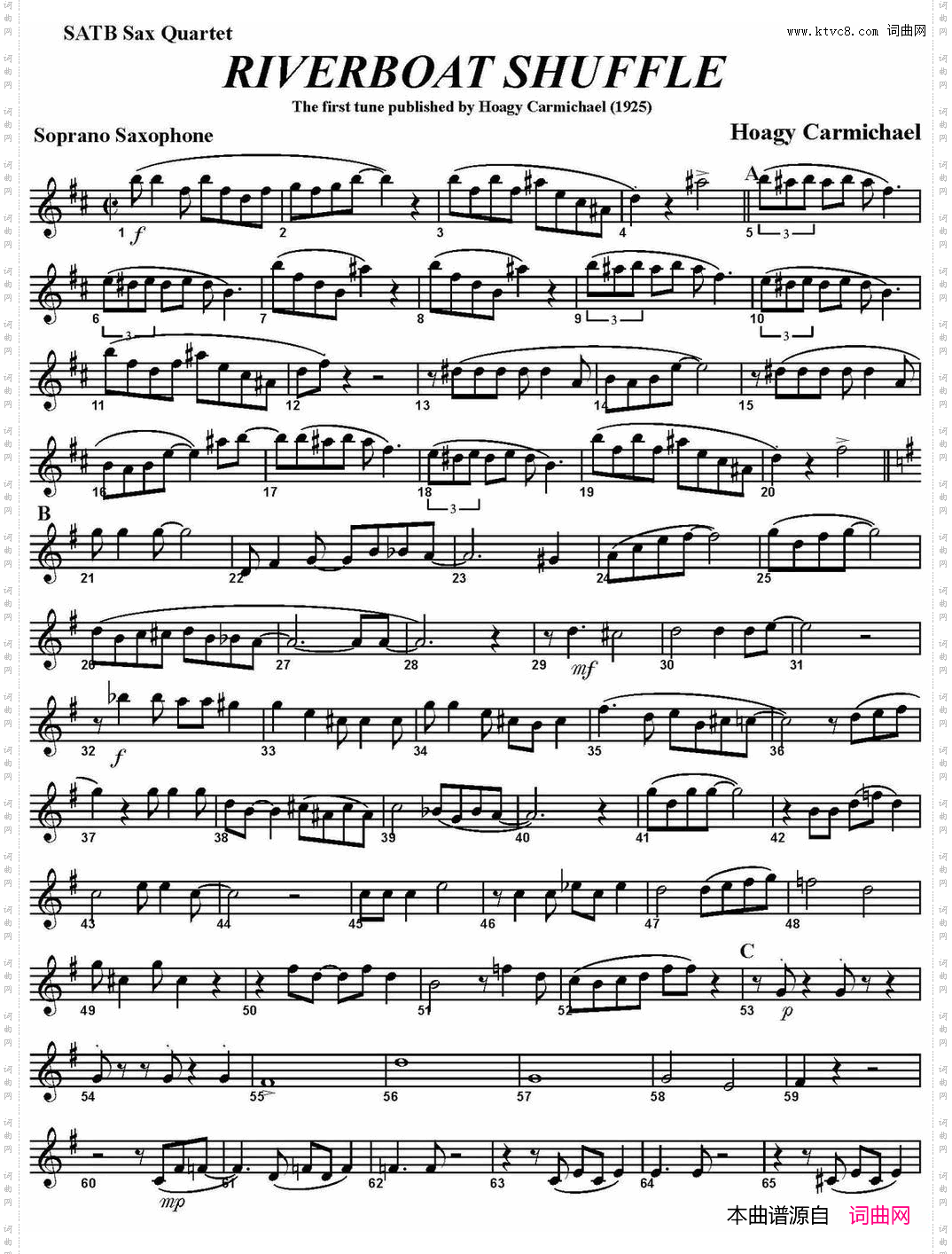 RIVERBOATSHUFFLE四重奏·高音萨克斯分谱_RIVERBOAT SHUFFLE四重奏·高音萨克斯分谱