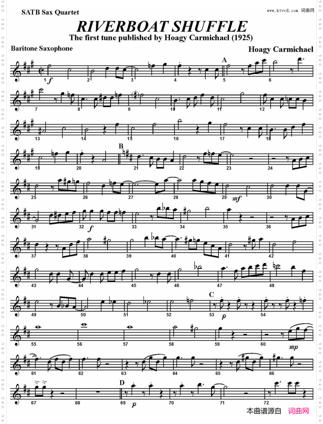 RIVERBOATSHUFFLE四重奏·上低音萨克斯分谱_RIVERBOAT SHUFFLE四重奏·上低音萨克斯分谱