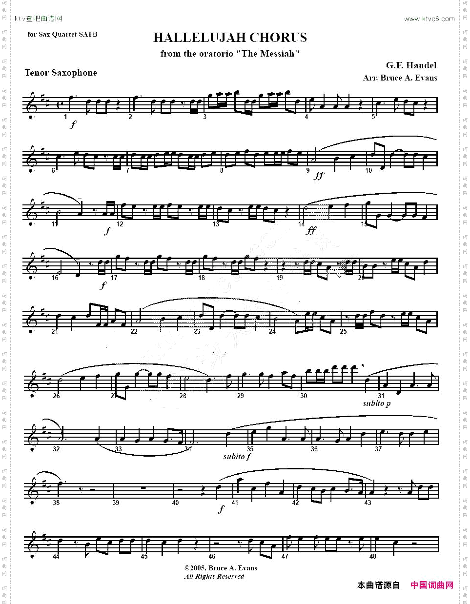 HALLELUJAHCHORUS哈利路亚四重奏tenor—次中音萨克斯分谱