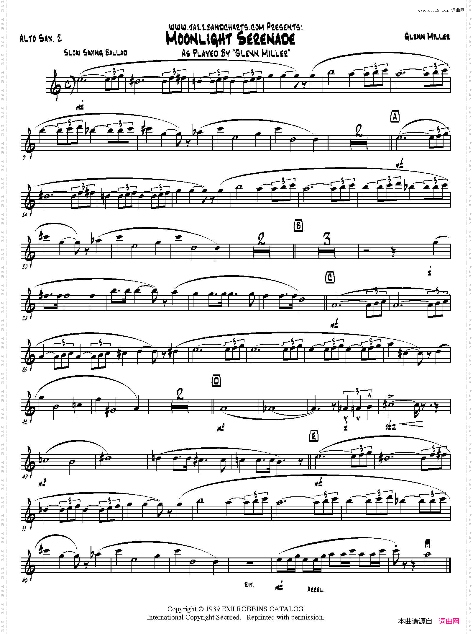 MoonlightSerenade第二中音萨克斯分谱_Moonlight Serenade第二中音萨克斯分谱