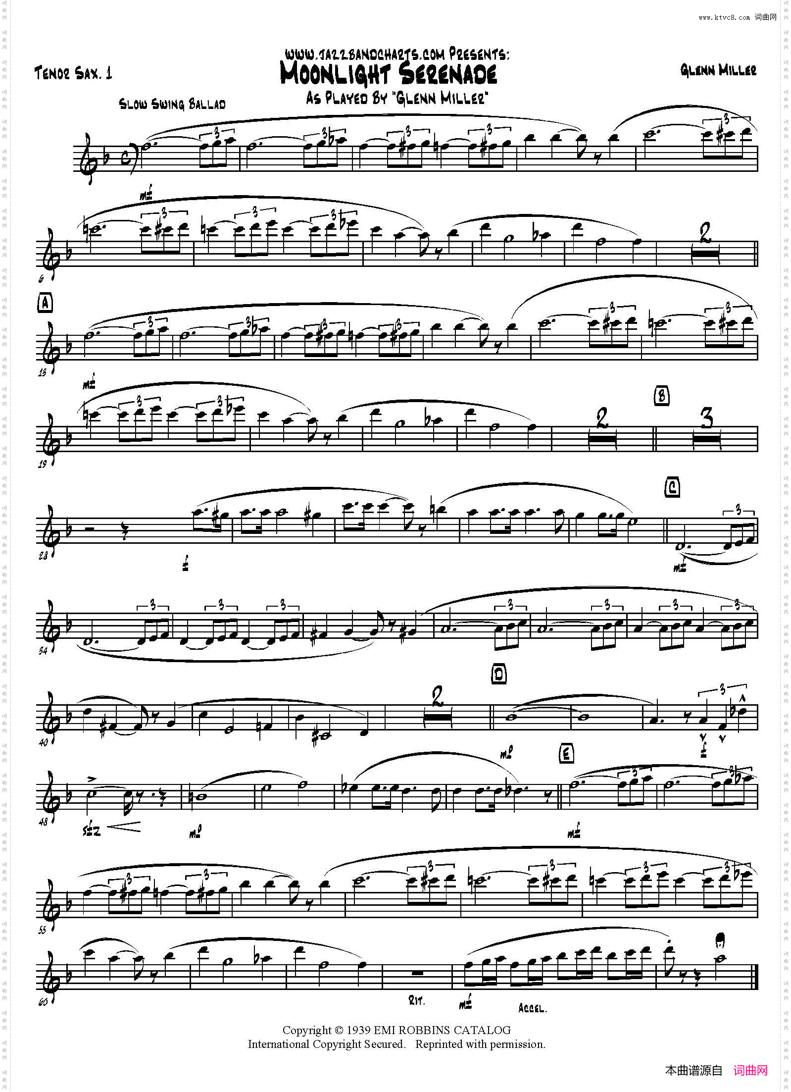 MoonlightSerenade第一次中音萨克斯分谱_Moonlight Serenade第一次中音萨克斯分谱