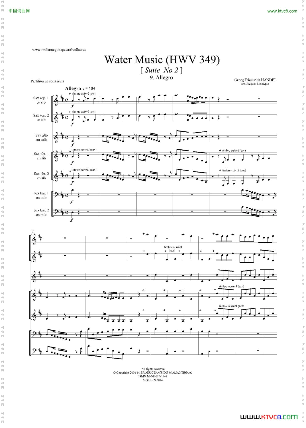 WaterMusicHWV.349No.2萨克斯合奏总谱_Water MusicHWV.349 No.2萨克斯合奏总谱