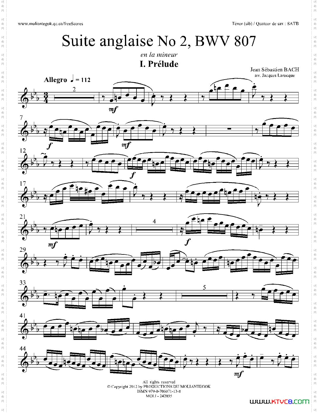 SuiteanglaiseNo2,BWV807法国组曲之二·前奏曲次中音萨克斯分谱_Suite anglaise No 2,BWV 807法国组曲之二·前奏曲次中音萨克斯分谱