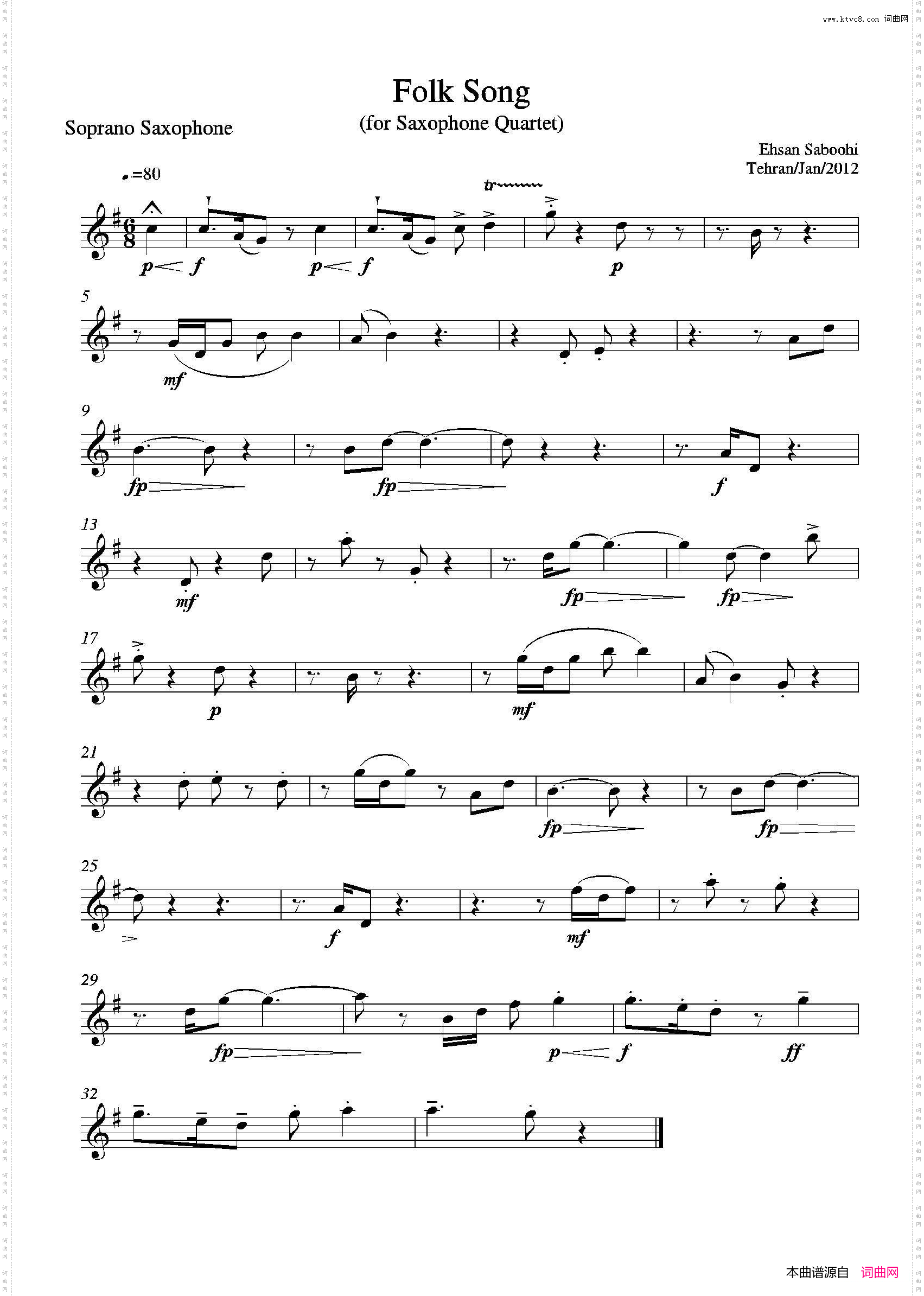 FolkSong四重奏高音萨克斯分谱_Folk Song四重奏高音萨克斯分谱