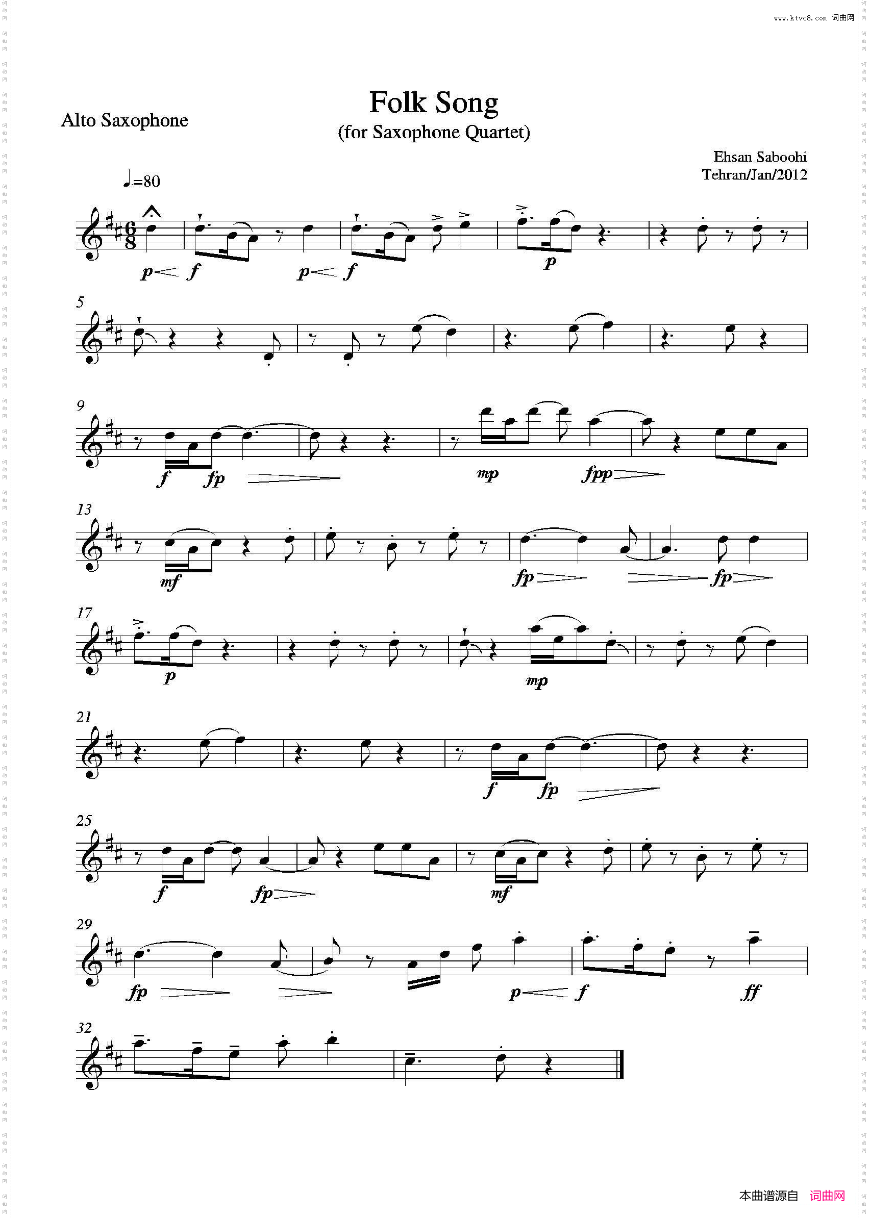 FolkSong四重奏中音萨克斯分谱_Folk Song四重奏中音萨克斯分谱