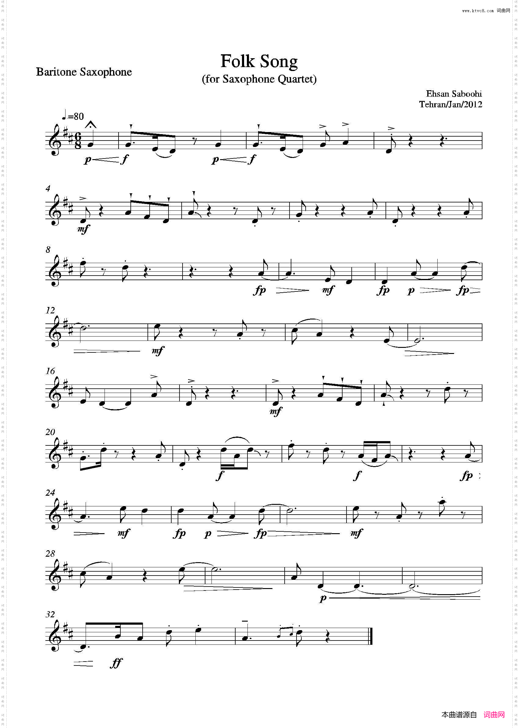 FolkSong四重奏上低音萨克斯分谱_Folk Song四重奏上低音萨克斯分谱