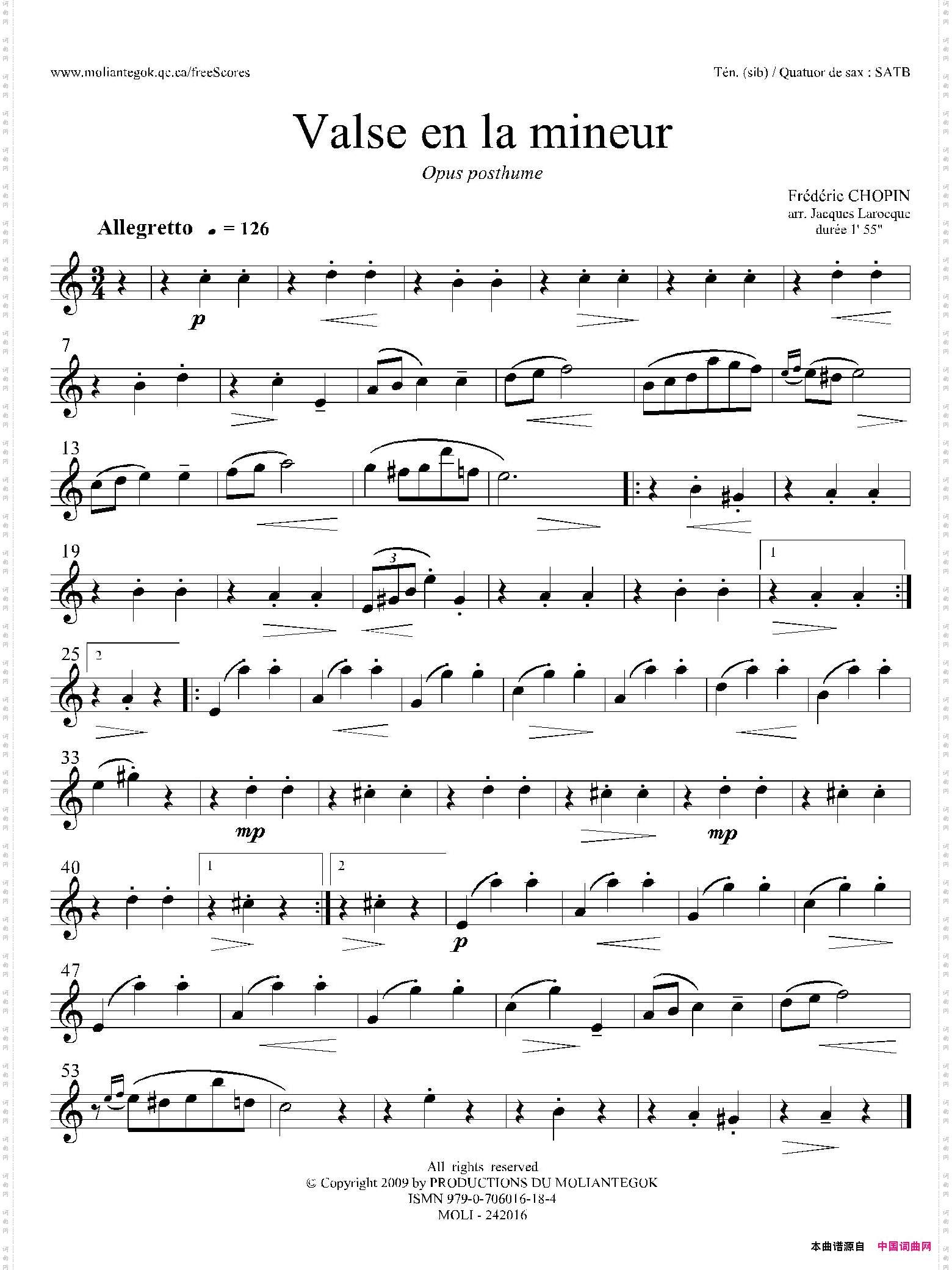 a小调圆舞曲四重奏次中音萨克斯分谱