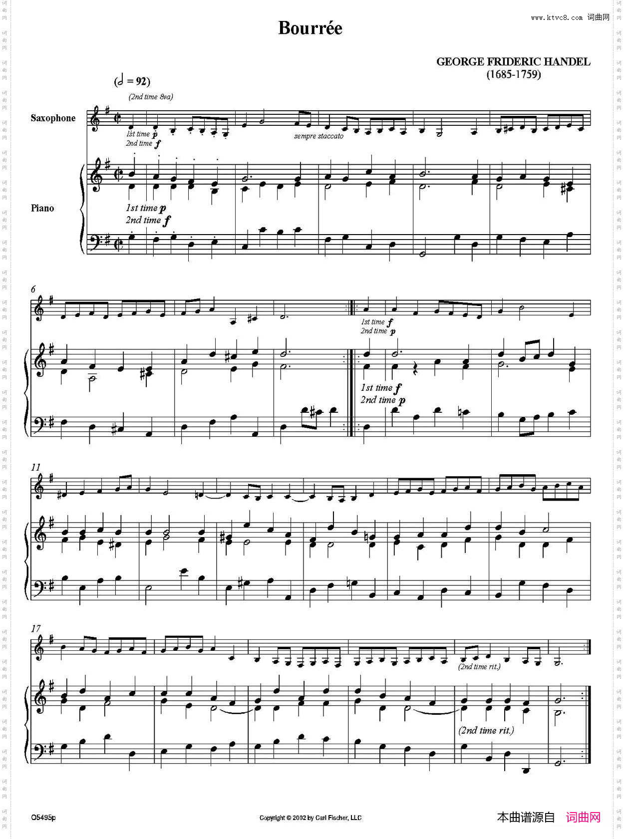 Bourree萨克斯+钢琴伴奏