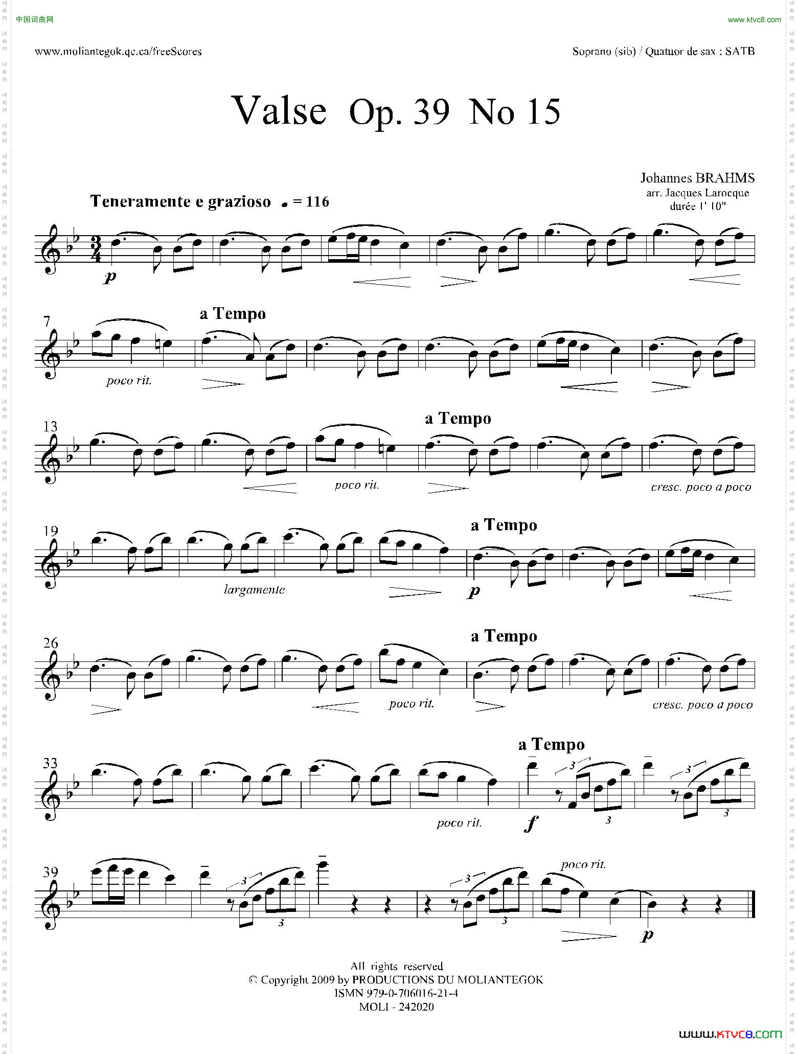 圆舞曲_ Op39 No15四重奏高音萨克斯分谱