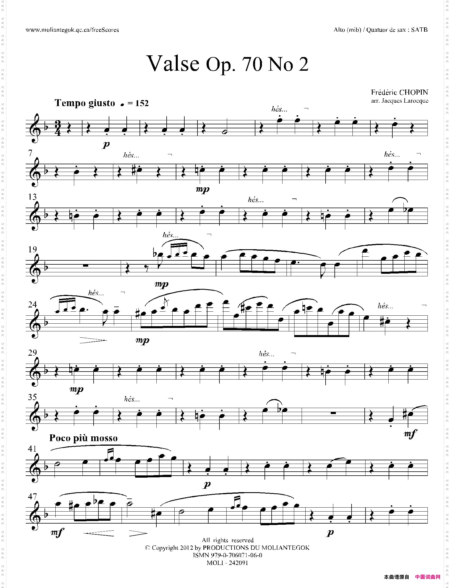 f小调圆舞曲Op·70No·2四重奏中音萨克斯分谱_f小调圆舞曲 Op·70 No·2四重奏中音萨克斯分谱