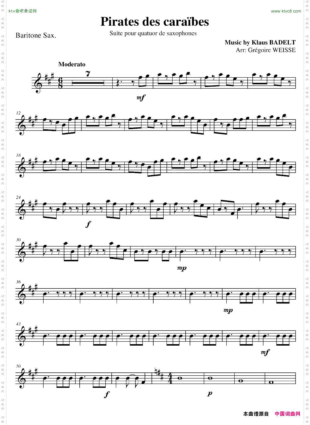 加勒比海盗四重奏之上低音萨克斯分谱