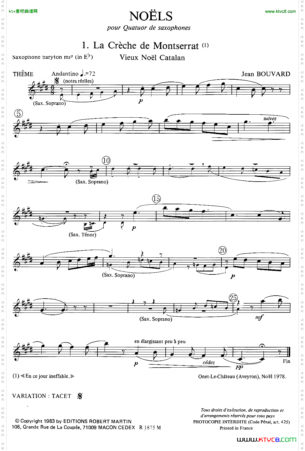 jeanBouvard编写的6首萨克斯四重奏低音萨克斯分谱