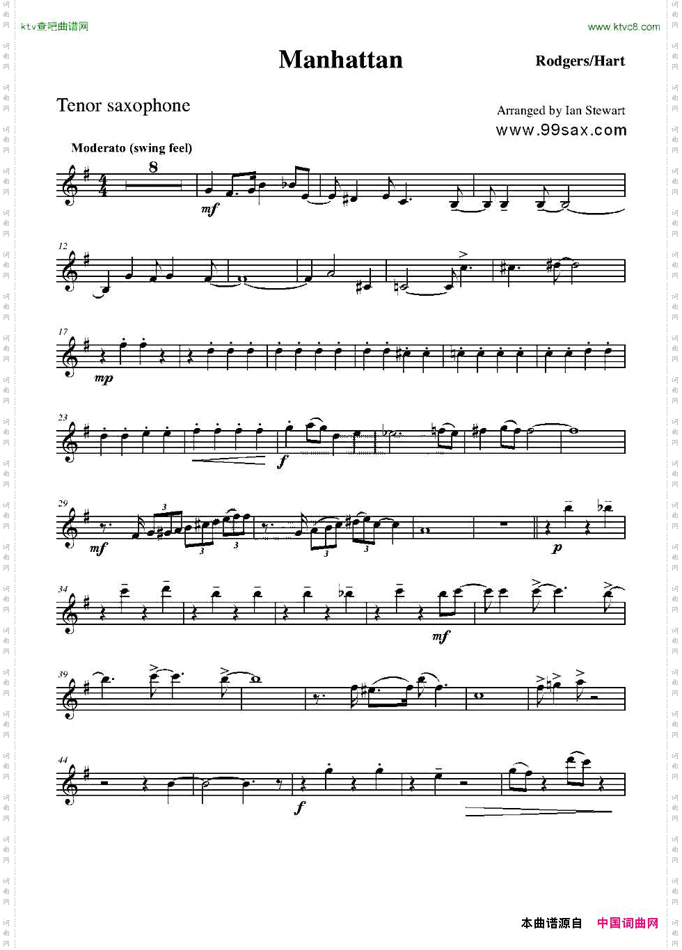ManhattanTenorSax四重奏次中音萨克斯分谱