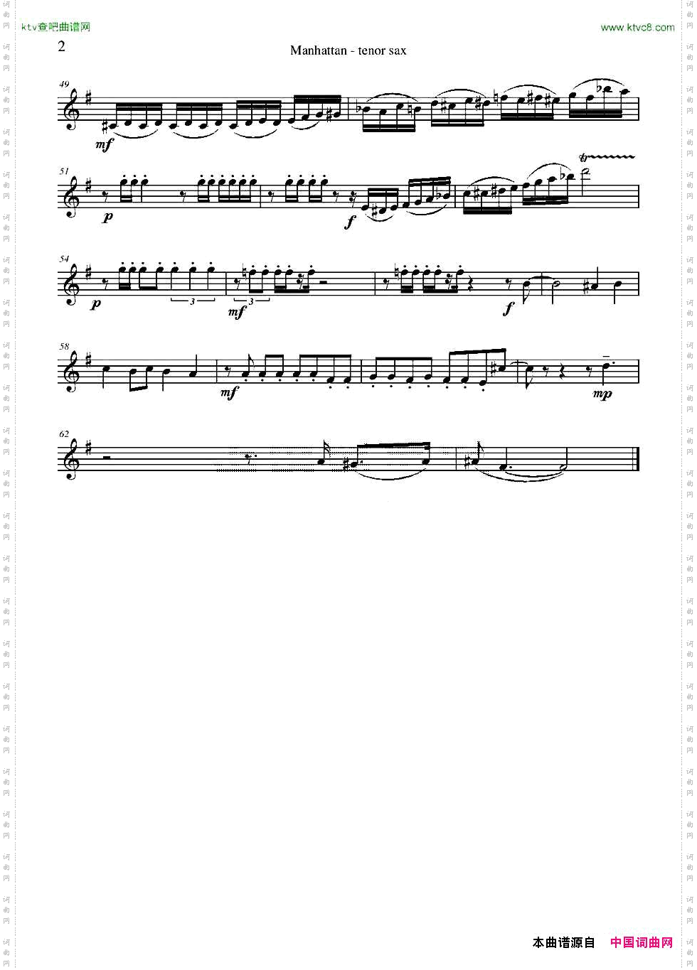 ManhattanTenorSax四重奏次中音萨克斯分谱