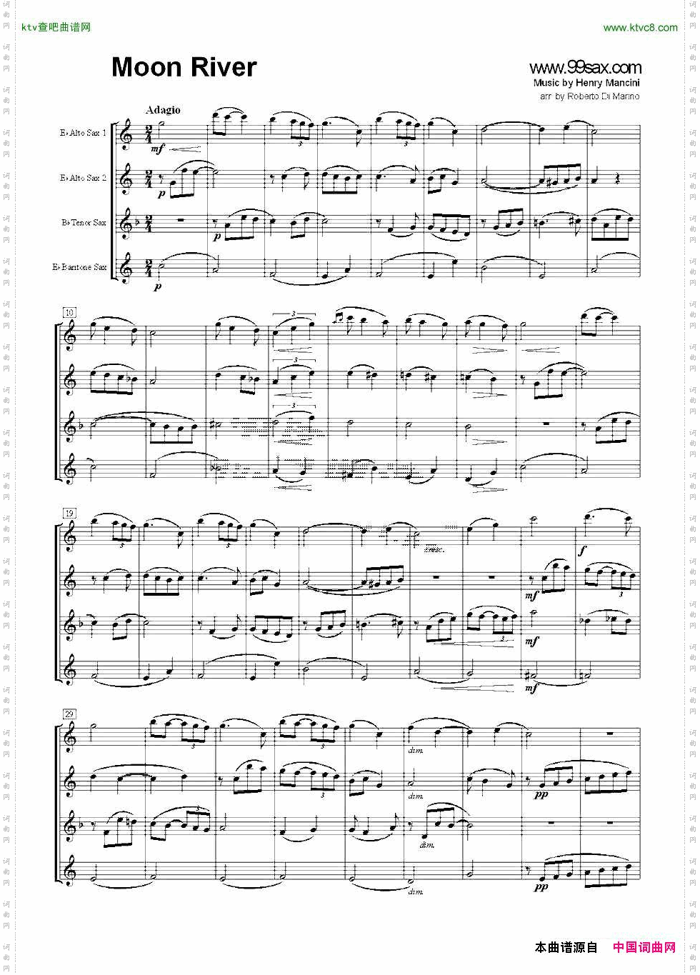 MoonRiver月亮河_四重奏总谱+分谱