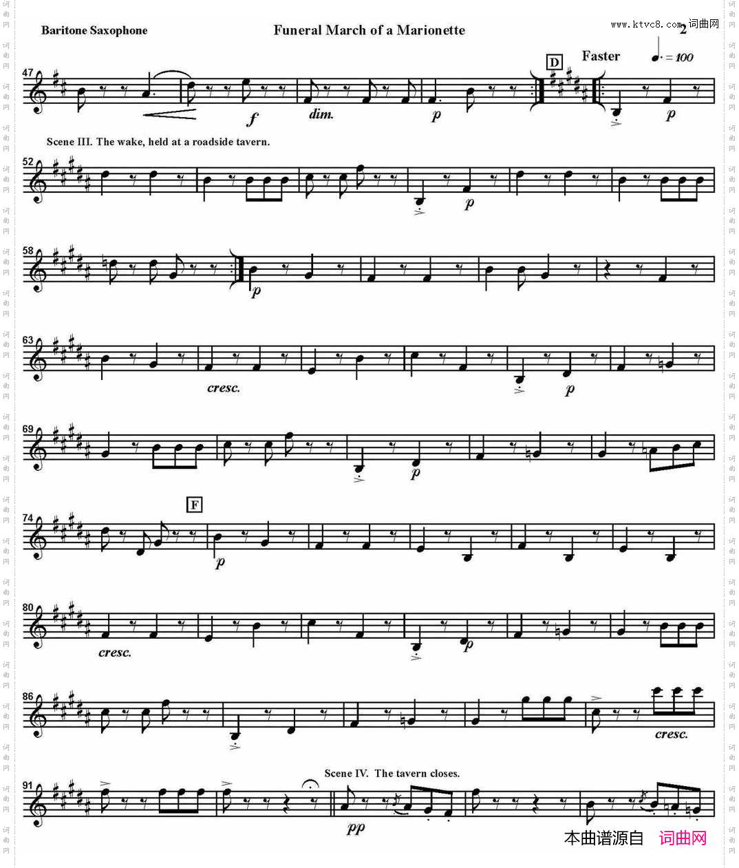 FUNERALMARCHOFAMARIONETTE四重奏·上低音萨克斯分谱_FUNERAL MARCH OF A MARIONETTE四重奏·上低音萨克斯分谱