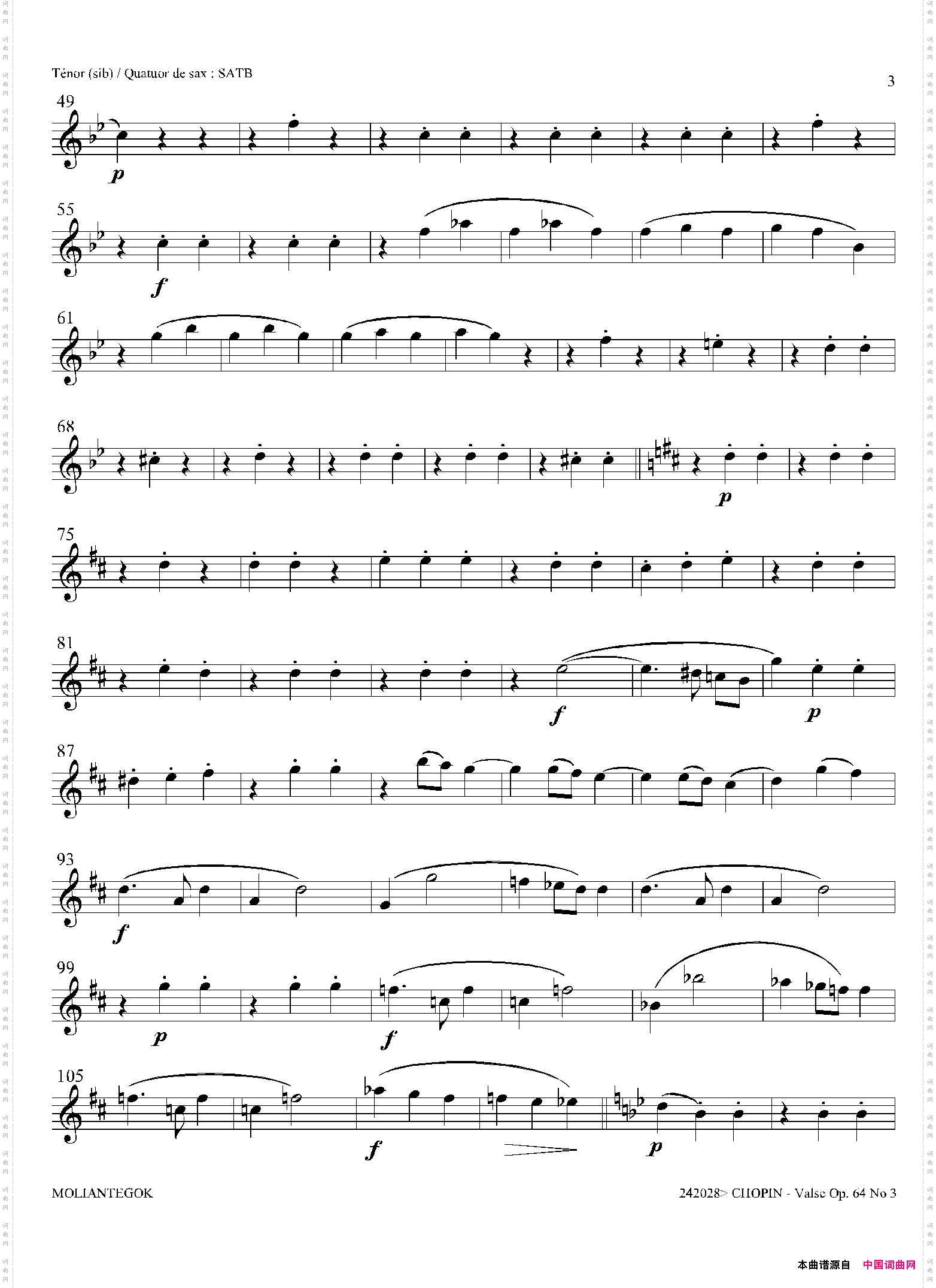 降A大调圆舞曲Op·64No·3四重奏次中音萨克斯分谱_降A大调圆舞曲 Op·64 No·3四重奏次中音萨克斯分谱