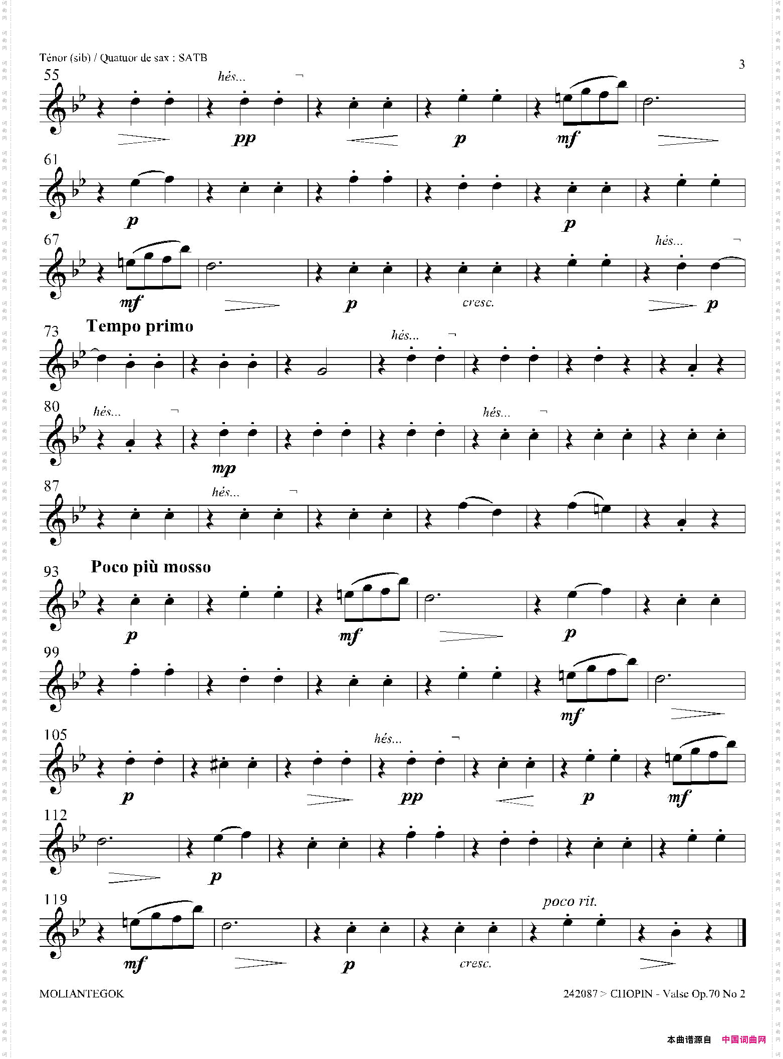 f小调圆舞曲Op·70No·2四重奏次中音萨克斯分谱_f小调圆舞曲 Op·70 No·2四重奏次中音萨克斯分谱