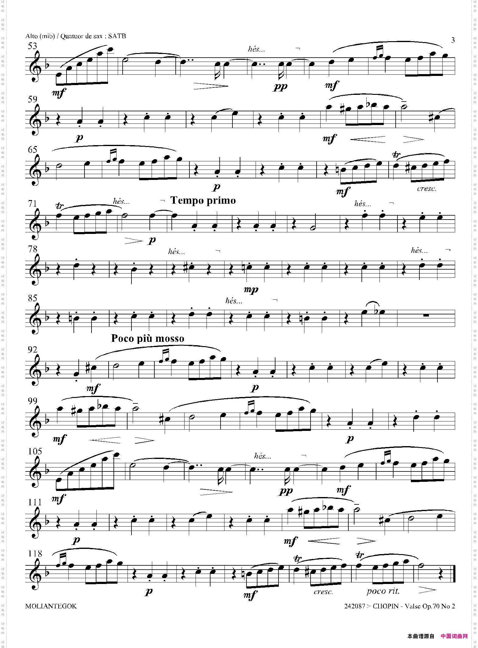 f小调圆舞曲Op·70No·2四重奏中音萨克斯分谱_f小调圆舞曲 Op·70 No·2四重奏中音萨克斯分谱
