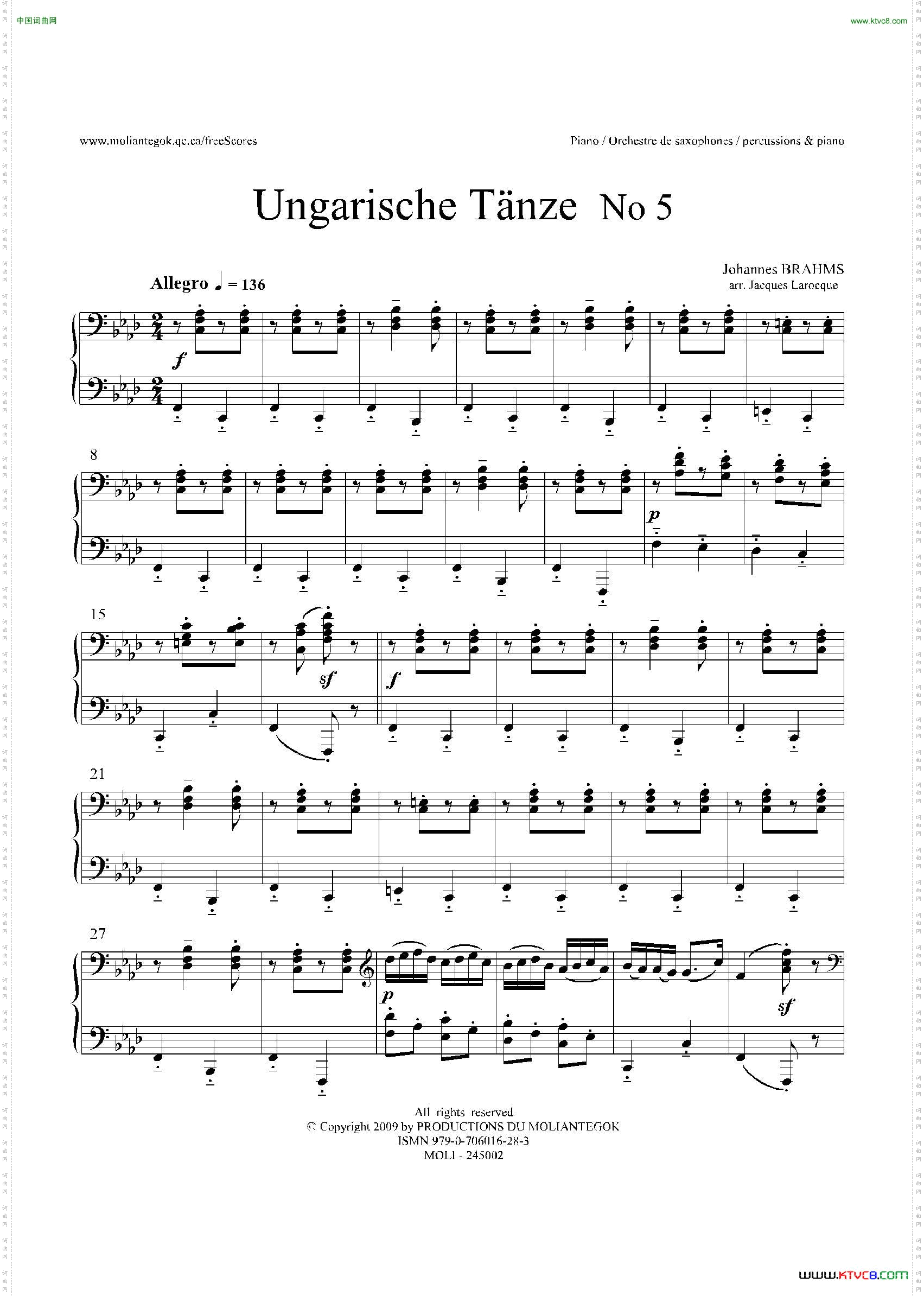 UngarischeTnzeNo5十五重奏Piano分谱_Ungarische Tnze No 5十五重奏 Piano分谱