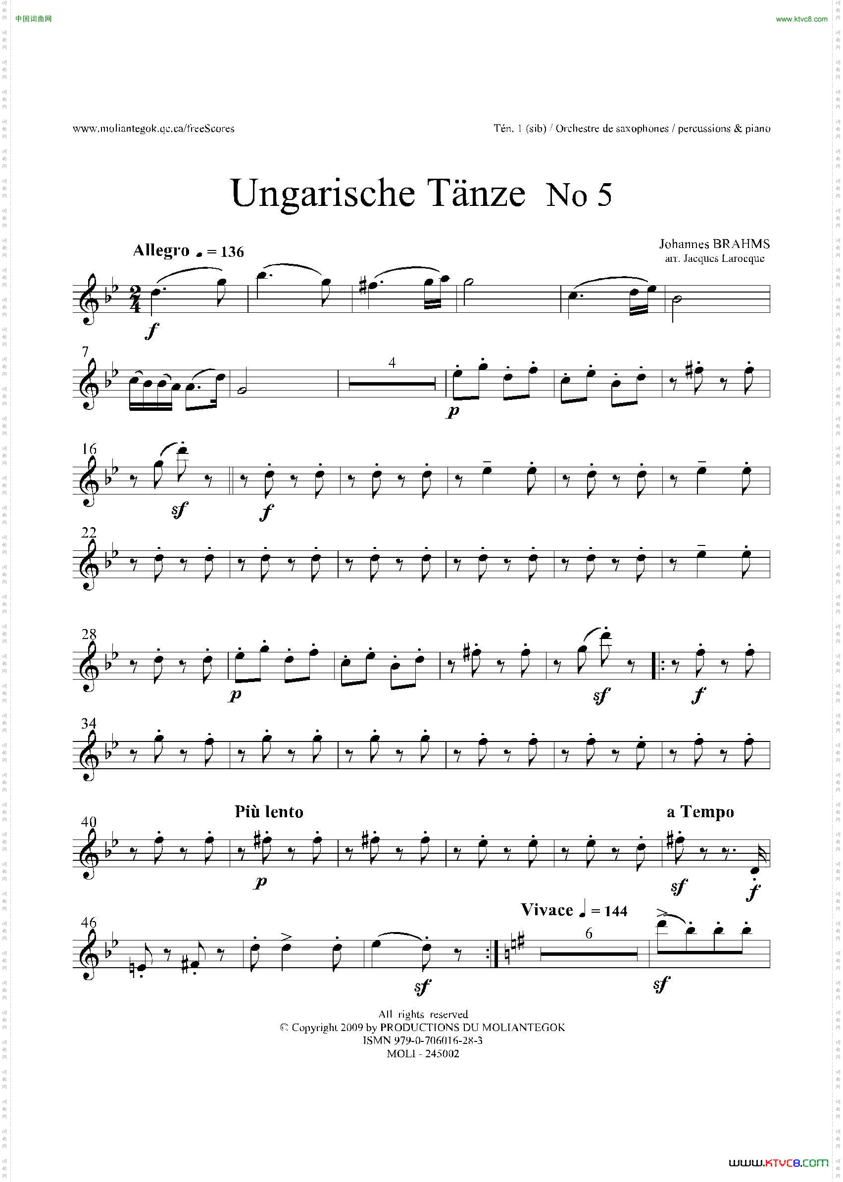 UngarischeTnzeNo5十五重奏Ten.1-2-3分谱_Ungarische Tnze No 5十五重奏 Ten.1-2-3 分谱